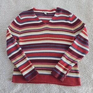 Vtg Maurices Striped Ribbed V-neck Pull-over Top Long Sleeve Y2K 90s Stretch L